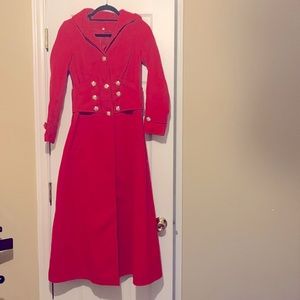 Long red coat. Pea coat